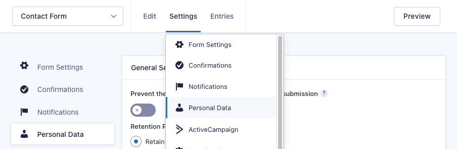 GForms Personal Data Settings - Where